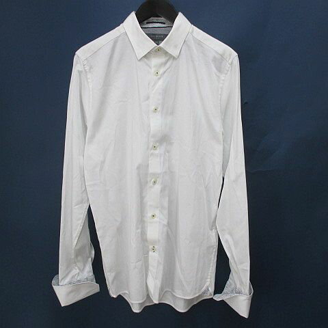 【中古】テッドベーカー TED BAKER 長袖 ワイシャツ ドレスシャツ 15.5 白系 ホワイト ダブルカフス 隠しボタンダウン ストレッチ 透け感 メンズ 【ベクトル 古着】 251018