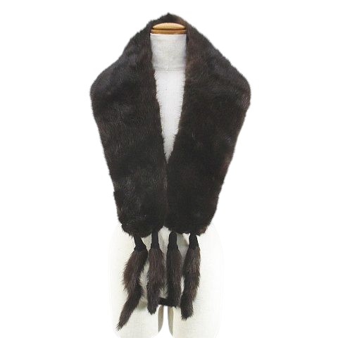 【中古】ティペット マフラー ミンクファー 毛皮 茶系 ダークブラウン フリンジ ホック 裏地 レディー..