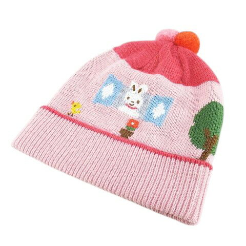 【中古】ファミリア Familiar ニット帽 ニットキャップ 帽子 003 ピンク系 ボンボン 毛 ウール キッズ ..