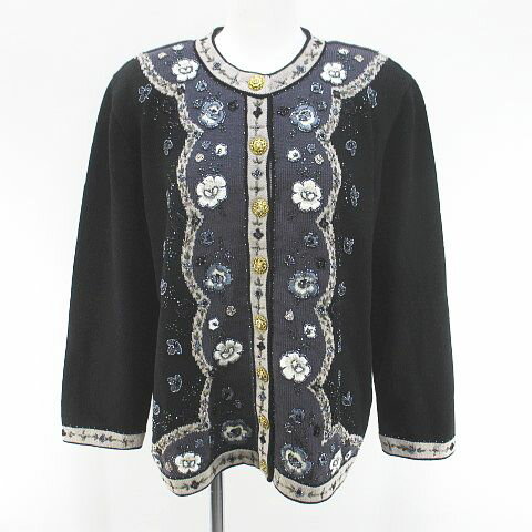 【中古】未使用品 センサフィーネ Senzafine 花柄 フラワー 長袖 カーディガン ニット 13 黒系 ブラック ビーズ 刺繍 毛 ウール 裏地 タグ付 レディース 【ベクトル 古着】 251024
