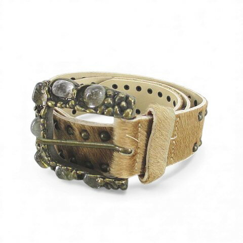 【中古】プレーンベルト ハラコ レザー 本革 42 ベージュ系 イタリア製 ストーン調 スタッズ ピン式 バックル 小物 レディース 【ベクトル 古着】 251028