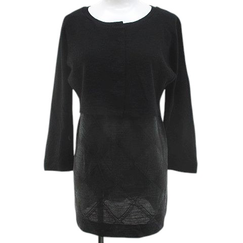 【中古】アッシュ HACHE 長袖 ニット セーター チュニック レイヤード調 44 灰系 ダークグレー ダイヤ柄 スナップボタン イタリア製 レディース 【ベクトル 古着】 251114