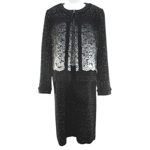 【中古】インゲボルグ INGEBORG ツイード セットアップ ワンピース スーツ 4 黒系 ブラック レース グラデーション ラメ リボン ホック 裏地 日本製 レディース 【ベクトル 古着】 251121