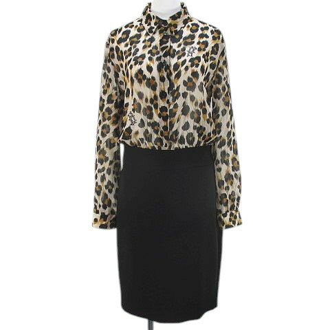 【中古】モスキーノ MOSCHINO BOUTIQUE レオパード ヒョウ柄 長袖 シアーシャツ ワンピース 膝丈 40 黒系 ブラック 切替 ロゴ プリント..