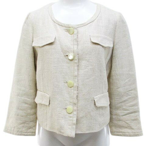 【中古】ドゥーズィエムクラス DEUXIEME CLASSE ノーカラー ジャケット ベージュ ミックス フリンジ ボタン 裏地 日本製 レディース 【ベクトル 古着】 260120