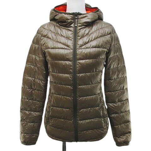 【中古】ユニクロ UNIQLO プレミアムダウン パーカー ジャケット S 茶系 ブラウン バイカラー 光沢 ジップアップ 裏地 レディース 【ベクトル 古着】 260126