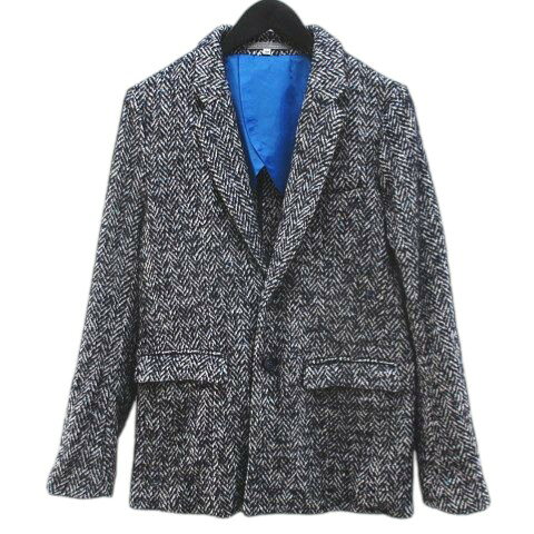 【中古】ドメスティックアッシュアールエム DOMESTIC HRMBRAND ウール混 ジャケット 42 紺系 ネイビー ヘリンボーン 総柄 ボタン 裏地 日本製 レディース 【ベクトル 古着】 260306