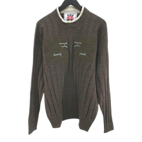 Knit Sweater - 【中古】フェレ FERRE 長袖 ニット セーター 茶系 ブラウン イタリア製 刺繍 毛 ウール メンズ 【ベクトル 古着】 260312