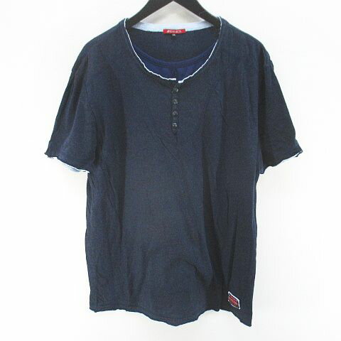 アンジーブロス ANGEEBROS 半袖 Tシャツ カットソー ヘンリーネック LL 紺系 ネイビー 無地 メンズ  260427