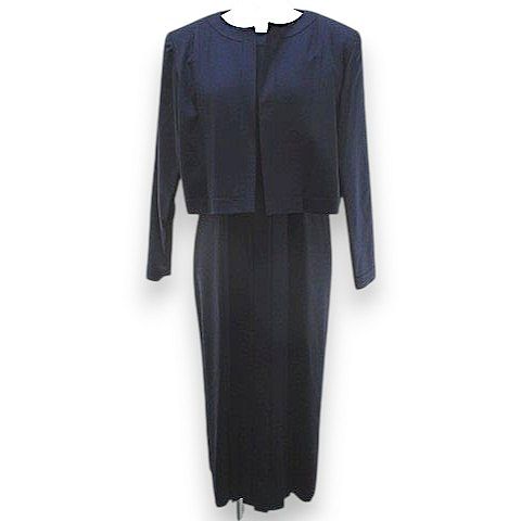 【中古】メルローズ MELROSE セットアップ ワンピーススーツ ノーカラー ジャケット 半袖 ワンピース ロング丈 紺系 ネイビー 無地 裏..