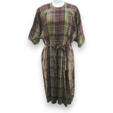 乐天商城 - 【中古】アンヌマリーベレッタ ANNE MARIE BERETTA ヴィンテージ チェック柄 五分袖 ワンピース ロング丈 マルチカラー タック 肩パット リネン レディース 【ベクトル 古着】 260505