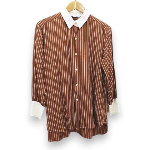 ユニクロ UNIQLO INES DE LA FRESSANGE 長袖 シャツ ブラウス L ボーダー ブラウン 茶系 レディース  260507