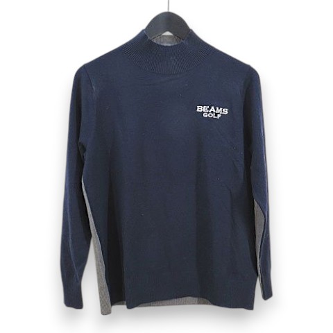 ビームスゴルフ BEAMS GOLF 長袖 ニット セーター L 紺系 ネイビー ロゴ 刺繍 ハイネック 切り替え レディース  260507