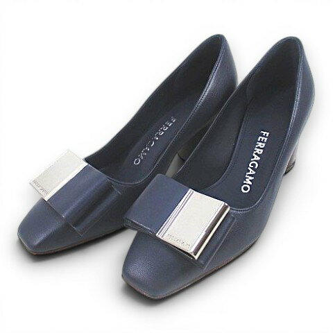 サルヴァトーレフェラガモ Salvatore Ferragamo LENA ダブル ボウ パンプス チャンキーヒール スクエアトゥ 4D ネイビー 紺系 レザー イタリア製 レディース  260604