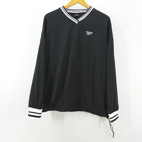 【中古】リーボック Reebok 長袖 カットソー LL 黒系 ブラック Vネック ロゴ刺繍 ライン ドローコード メンズ 【ベクトル 古着】 260908