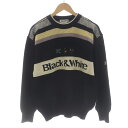 【中古】ブラック&ホワイト BLACK&WHITE スポーツウェア SPORTSWEAR ゴルフウェア ニット セーター クルーネック プルオーバー 長袖 ロゴ 柄 ウール M 黒 ブラック アイボリー マルチカラー /SI6 メンズ 【ベクトル 古着】 231207