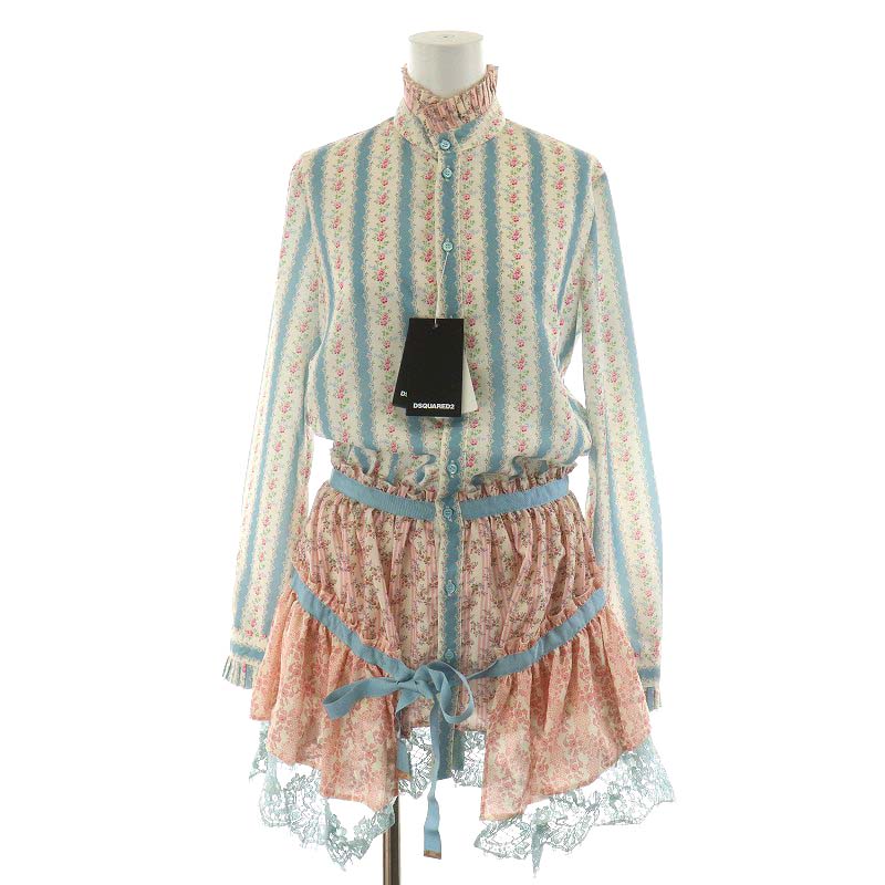 【中古】未使用品 ディースクエアード DSQUARED2 Ruffle Minidress ワンピース ひざ丈 長袖 花柄 フリル レース 36 S ピンク 水色 ライトブルー /AN20 ■GY29 レディース 【ベクトル 古着】 240118