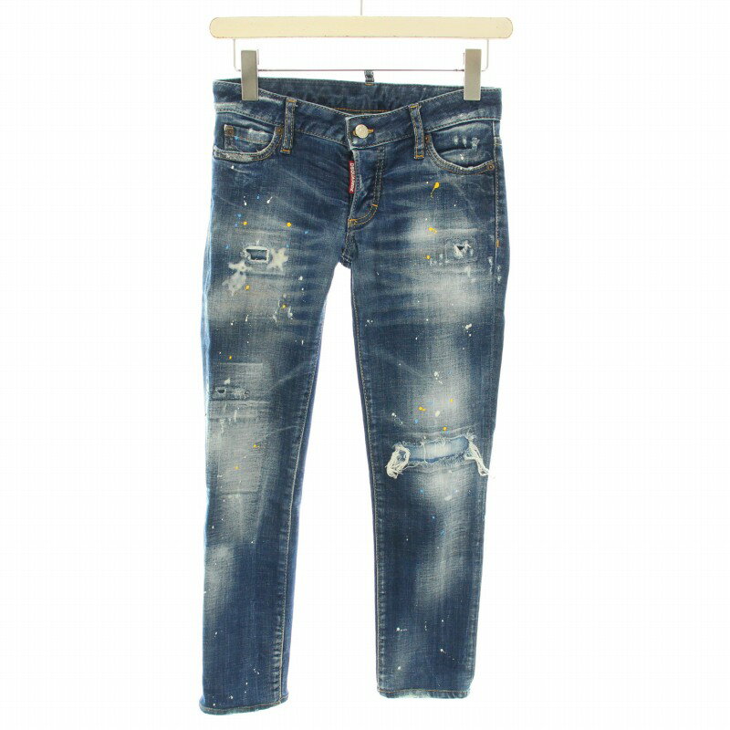 【中古】ディースクエアード DSQUARED2 21AW ジェニファークロップド Jennifer Cropped デニムパンツ ジーンズ ボタンフライ ダメージ加工 ペイント加工 34 M インディゴ /YT レディース 【ベクトル 古着】 240416