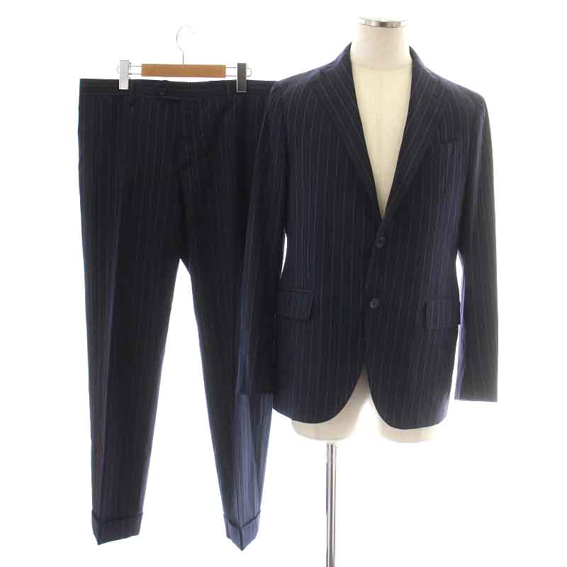 【中古】ラルディーニ LARDINI スーツ セットアップ 上下 テーラードジャケット シングル 総裏地 サイドベンツ スラックスパンツ ジップフライ ロールアップ ストライプ ウール 48 L 50 XL 紺 ネイビー /NW4 メンズ 【ベクトル 古着】 240624