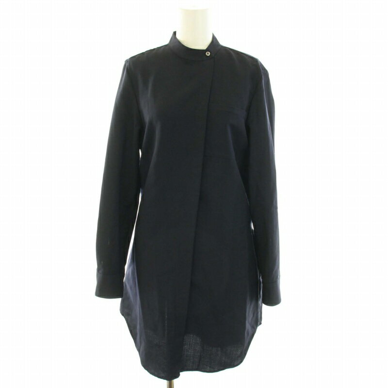 【中古】ジルサンダー JIL SANDER 18年製 シャツ ブラウス バンドカラー 長袖 比翼ボタン ベルト ウール 34 XXS 紺 ネイビー /YT レディース 【ベクトル 古着】 240722