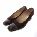 【中古】サルヴァトーレフェラガモ Salvatore Ferragamo パンプス スエード チャンキーヒール スクエアトゥ クロコ型押しレザー 切替 6 23.5cm 茶 ブラウン /RK ■GY14 レディース 【ベクトル 古着】 240919(4)