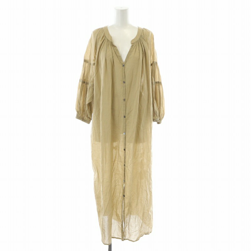 【中古】アーバンリサーチ URBAN RESEARCH 21SS コットンボイル袖ボリュームワンピース ロング マキシ シアー スキッパー ギャザー 七分袖 F オリーブ UR15-26L002 /XK レディース 【ベクトル 古着】 240924