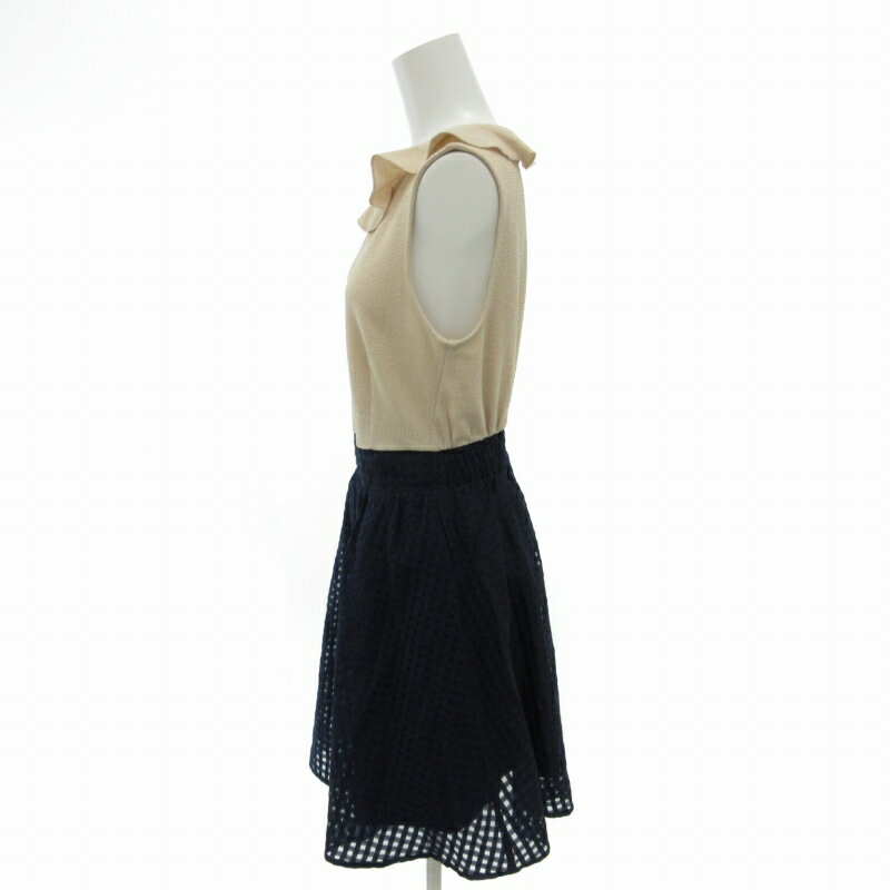 【中古】マジェスティックレゴン MAJESTIC LEGON ノースリーブワンピース チュニック レーススカート バイカラー フリル F ベージュ 紺 ネイビー /FT 0925 レディース 【ベクトル 古着】 240925