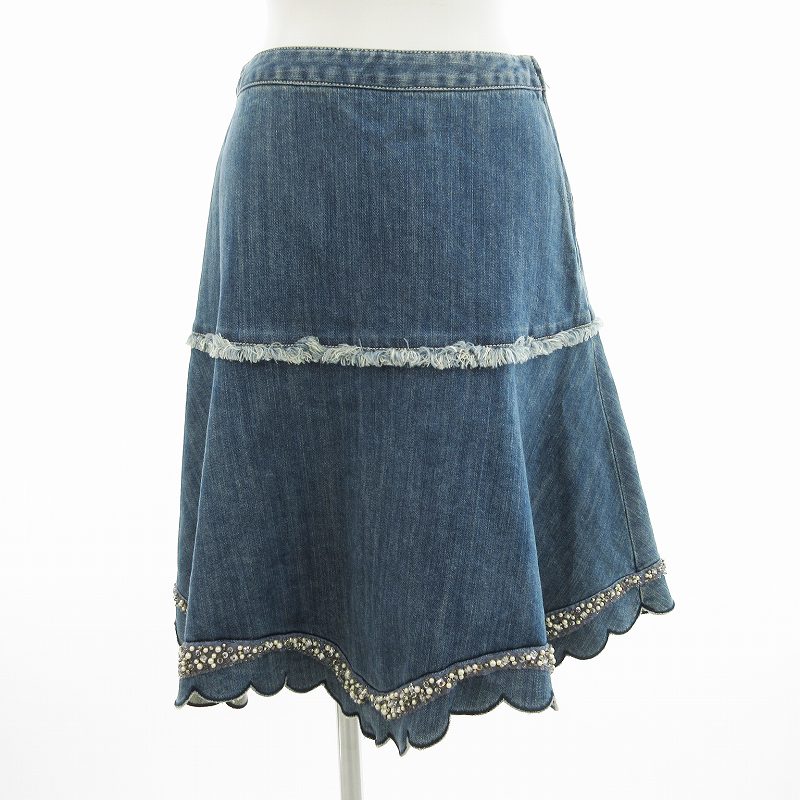 【中古】トゥービーシック TO BE CHIC フレアスカート ひざ丈 デニム地 フェイクパール 装飾 38 M インディゴブルー /JS 1001 ■MG レディース 【ベクトル 古着】 241001