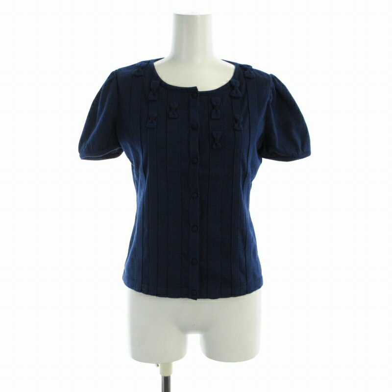 【中古】ルネ Rene カーディガン ニット リボン パフスリーブ 半袖 34 XS 青 ブルー /RO レディース 【ベクトル 古着】 241007