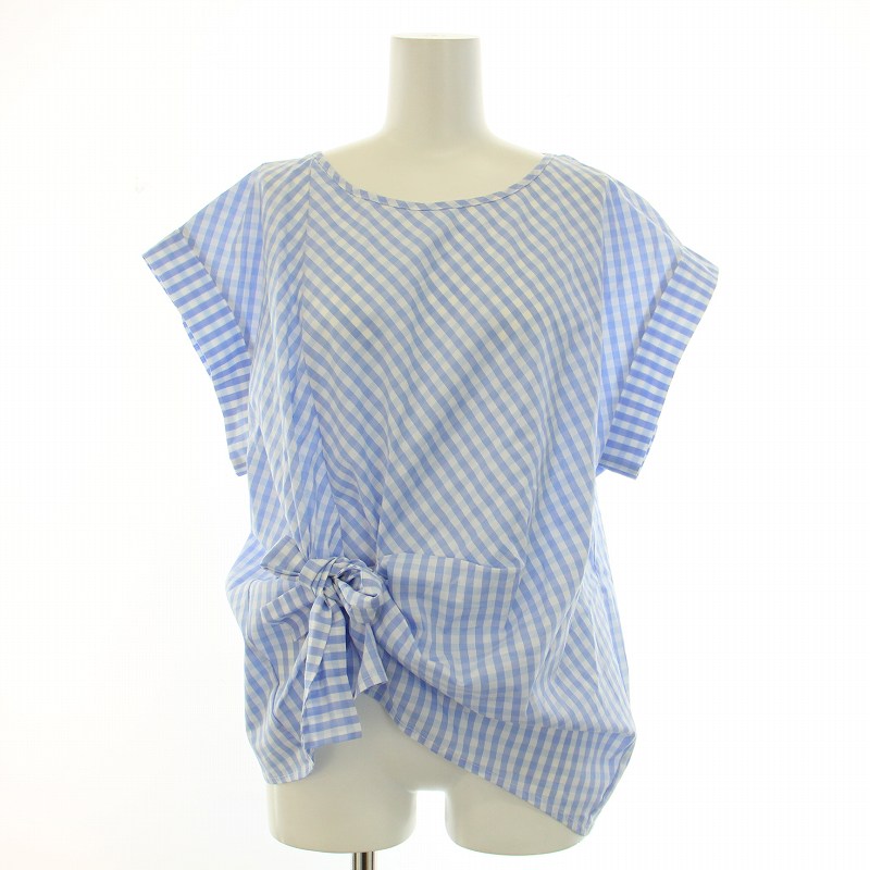【中古】フランコフェラーロ FRANCO FERRARO シャツ ブラウス 半袖 クルーネック ストレッチ リボン ギンガムチェック柄 46 S 水色 ライトブルー 白 ホワイト /BB レディース 【ベクトル 古着】 241019(4.0)