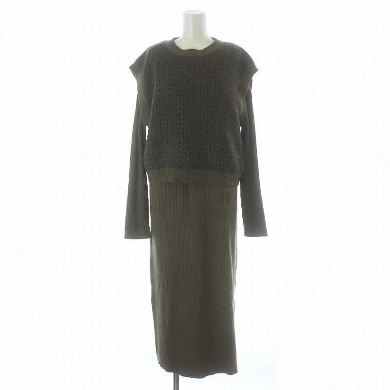 【中古】アーバンリサーチ ドアーズ URBAN RESEARCH DOORS 22AW セットアップ 2点セット リブニットワンピース ロング マキシ 長袖 ニットベスト プルオーバー 総柄 M カーキ /KL レディース 【ベクトル 古着】 241020