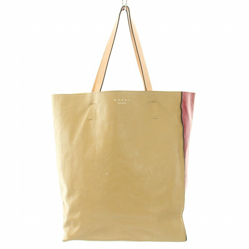 【中古】マルニ MARNI 20SS ミュゼオソフト MUSEO SOFT トートバッグ タンブルドカーフスキン ロゴプリント ベージュ 赤 レッド /YT ■OH レディース 【ベクトル 古着】 241203