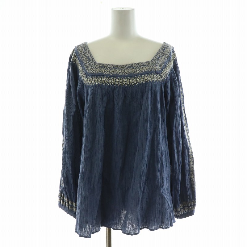 【中古】B&Y ユナイテッドアローズ BEAUTY&YOUTH ビューティー&ユース コットンエンブロイダリーチュニック刺繍 シャツ ブラウス ギャザー 長袖 スクエアネック F 青 ブルー 1621-199-1228 /NQ レディース 【ベクトル 古着】 241216