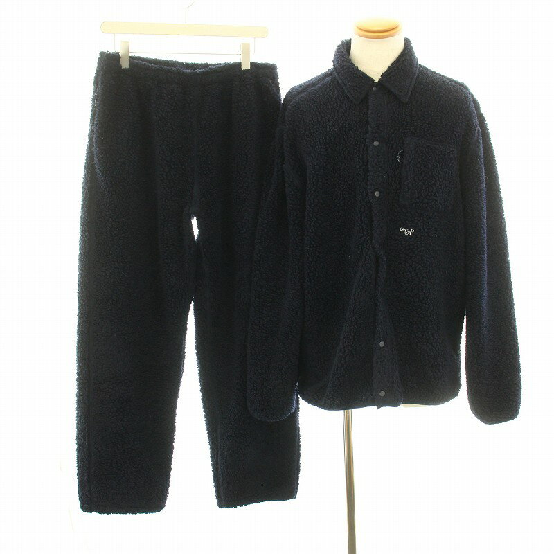 【中古】ポップトレーディングカンパニー POP TRADING COMPANY セットアップ 上下 ダンサーフリースシャツ DANCER FLEECE SHIRT ボアジャケット XL ポップフリースパンツ POP FLEECE PANTS L ウール混 紺 ネイビー /YT メンズ 【ベクトル 古着】 250127