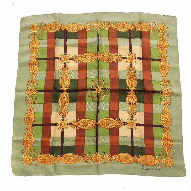 【中古】ロベルタディカメリーノ Roberta di Camerino スカーフ 2枚セット チェック 総柄 シルク ヴィンテージ カーキ ブラウン 黄色 /YM ■OF レディース 【ベクトル 古着】 250203