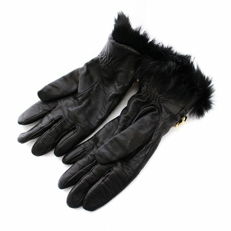 【中古】アルポ ALPO 手袋 レザー グローブ ファー チェーン 6 1/2 黒 /YM レディース 【ベクトル 古着】 250331