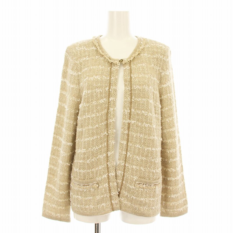 【中古】レリアン Leilian 1304065 ニットジャケット ノーカラー カーディガン ボーダー ウール混 13+ ベージュ 白 ホワイト /KU レディース 【ベクトル 古着】 250425