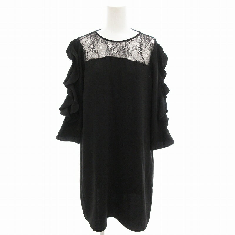 【中古】ザラ ベーシック ZARA BASIC ワンピース レース切替 フリル ひざ丈 半袖 L 黒 ブラック /FF レディース 【ベクトル 古着】 250724(4)