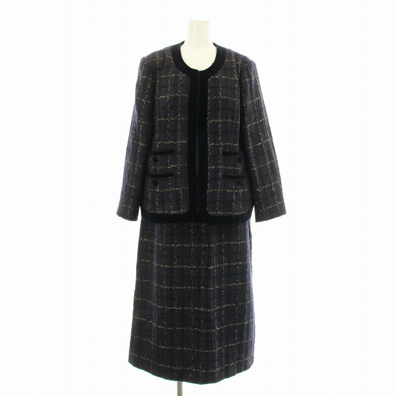 【中古】レリアン Leilian Linton スーツ セットアップ 上下 ノーカラージャケット スカート ひざ丈 チェック柄 ベロア切替 ラメ糸 15+ 紺 ネイビー 872014 /KU レディース 【ベクトル 古着】 250602