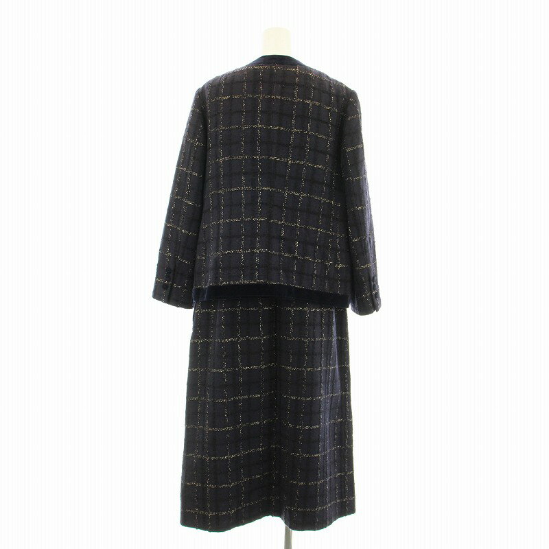 【中古】レリアン Leilian Linton スーツ セットアップ 上下 ノーカラージャケット スカート ひざ丈 チェック柄 ベロア切替 ラメ糸 15+ 紺 ネイビー 872014 /KU レディース 【ベクトル 古着】 250602