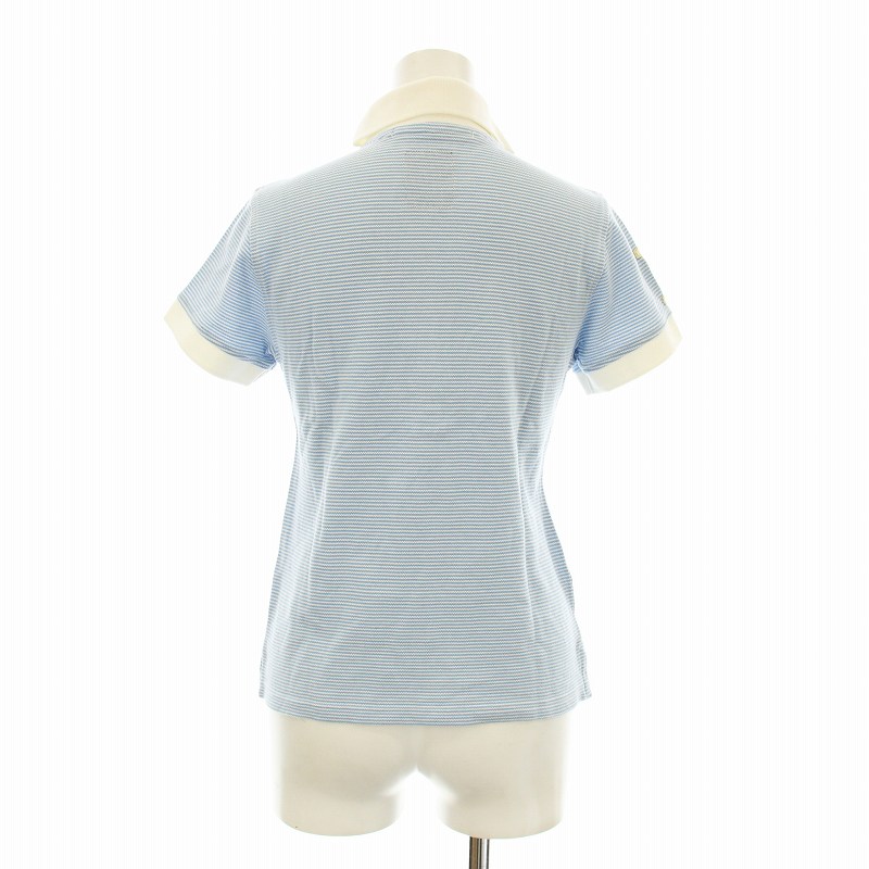 【中古】マーク＆ロナ MARK&LONA ポロシャツ カットソー 鹿の子 半袖 ボーダー柄 ロゴ 刺繍 金ボタン ゴルフウェア M 水色 白 ホワイト MLW-9S-PL08 /KU レディース 【ベクトル 古着】 250609
