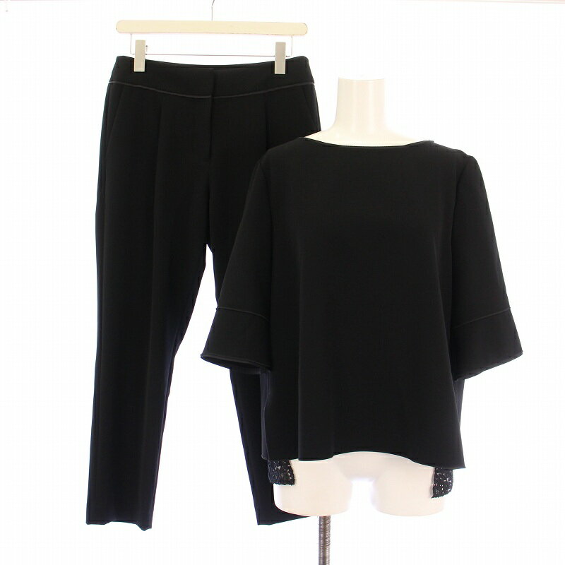 【中古】ランバン LANVIN COLLECTION セットアップ シャツ ブラウス 五分袖 ボートネック 花柄 刺繍 切替 テーパードパンツ スラックス タック ジップアップ ストレッチ 38 40 黒 ブラック /BB レディース 【ベクトル 古着】 250615