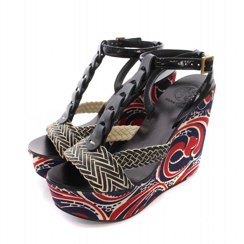 【中古】トリーバーチ TORY BURCH サンダル ウェッジソール 総柄 アンクルストラップ 6M 紺 赤 /YM レディース 【ベクトル 古着】 250714