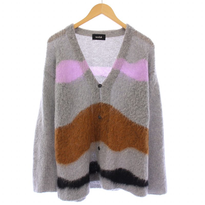 【中古】スドーク soduk drawing knit cardigan ドローイングニットカーディガン 長袖 Vネック ボーダー柄 モヘヤ混 ウール混 F グレー マルチカラー 0422030507 /BB レディース 【ベクトル 古着】 250718
