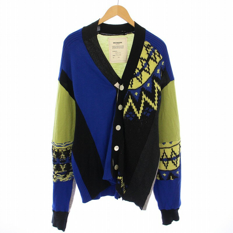 【中古】ベースマークプロジェクト RE:MARK PROJECT CYCLEING Patchwork Cardigan サイクリングパッチワークカーディガン ニット 長袖 Vネック アシンメトリー ウール 総柄 F マルチカラー /BB レディース 【ベクトル 古着】 250718