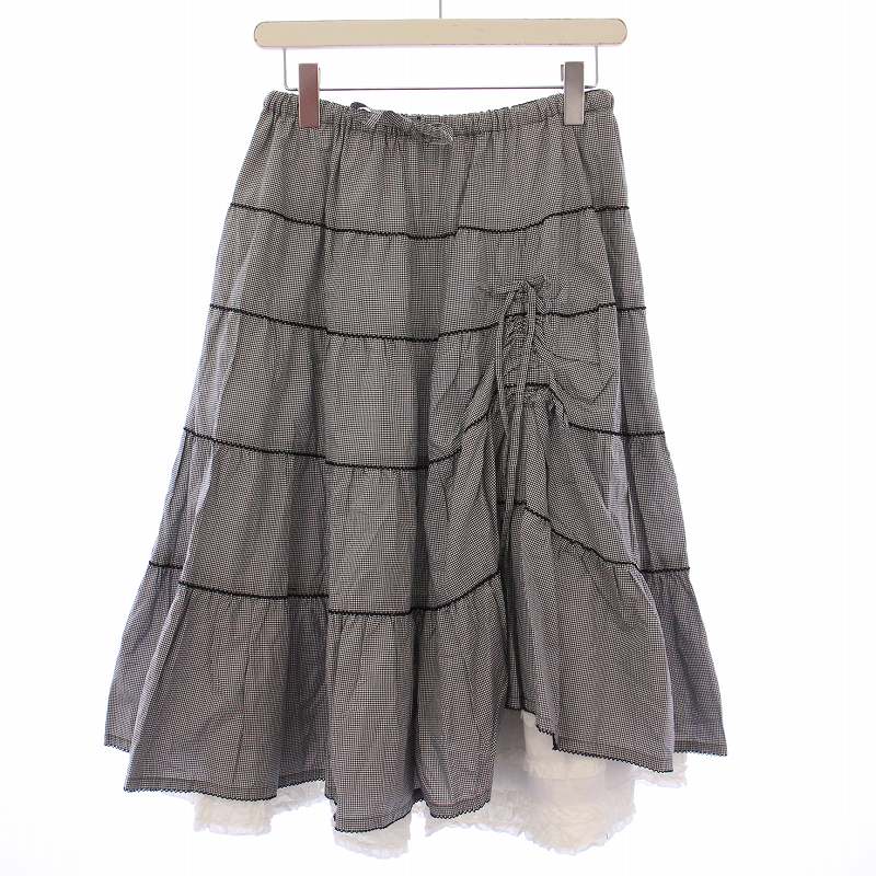 【中古】ピンクハウス PINK HOUSE フレアスカート ギャザー イージー ミモレ ロング ウエストゴム リボン フリル チェック柄 F 黒 ブラック 白 ホワイト /BB レディース 【ベクトル 古着】 250730