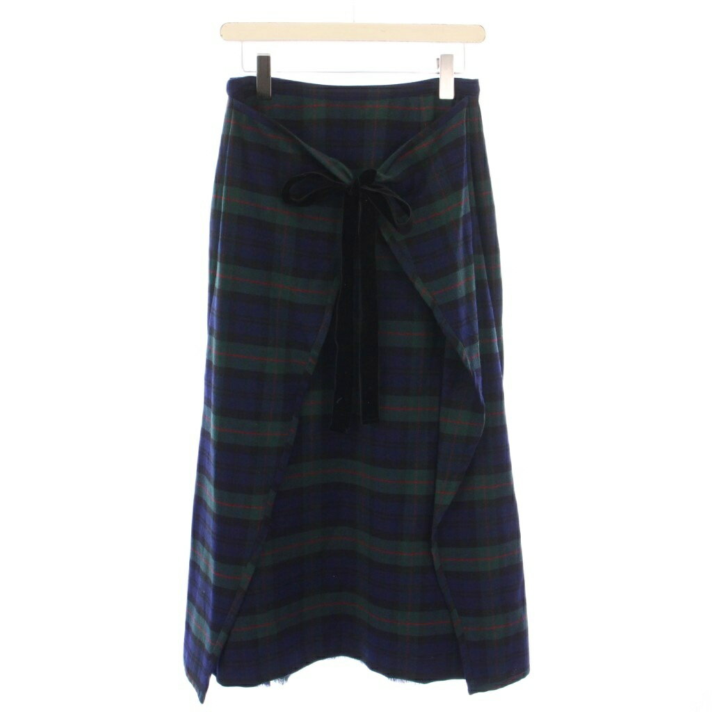【中古】ピンクハウス PINK HOUSE フレアスカート ミモレ ロング フリル リボン ウール チェック柄 F 紺 ネイビー 緑 グリーン 黒 ブラック /BB レディース 【ベクトル 古着】 250814