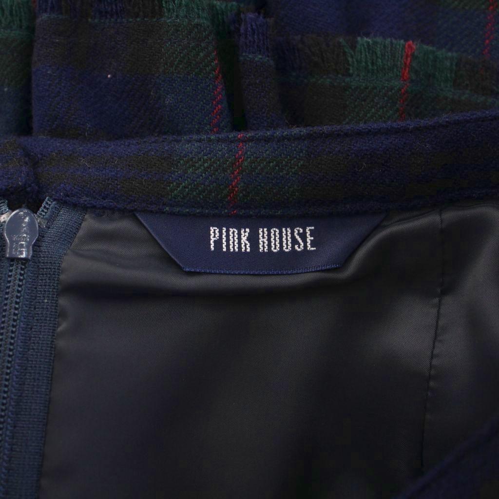【中古】ピンクハウス PINK HOUSE フレアスカート ミモレ ロング フリル リボン ウール チェック柄 F 紺 ネイビー 緑 グリーン 黒 ブラック /BB レディース 【ベクトル 古着】 250814 3