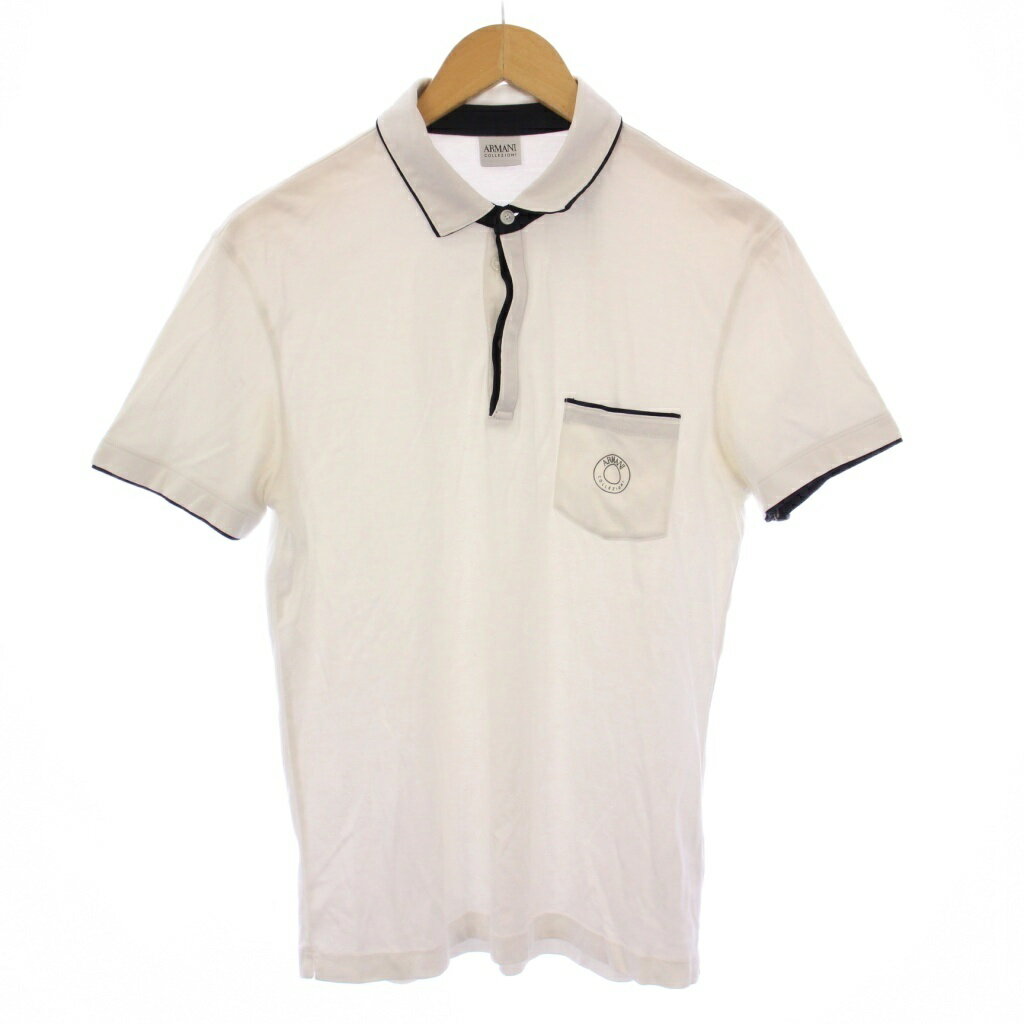 【中古】アルマーニ コレツィオーニ ARMANI COLLEZIONI ポロシャツ 半袖 レギュラーカラー ハーフボタン ストレッチ ロゴ プリント M 白 ホワイト /BB メンズ 【ベクトル 古着】 250818