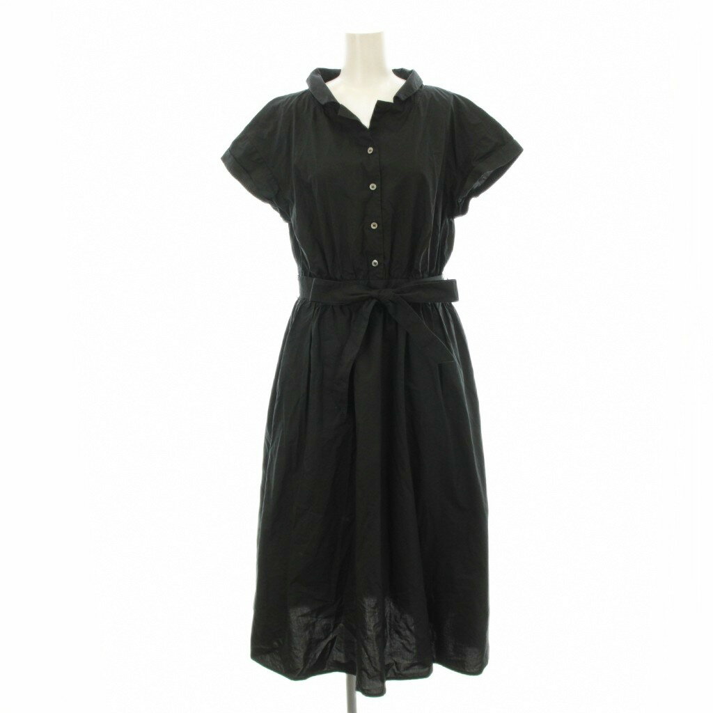 【中古】レイビームス Ray Beams オープンカラーシャツワンピース フレア ミモレ ロング 半袖 ハーフボタン ベルト付き 0 黒 ブラック 63-26-0441-166 /KU レディース 【ベクトル 古着】 250826